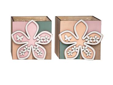 Planter hout Bloem 10x10x10cm 2ass