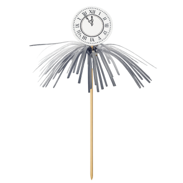 Bijsteker Klok+tinsel Ø6cm wit 12cm stok